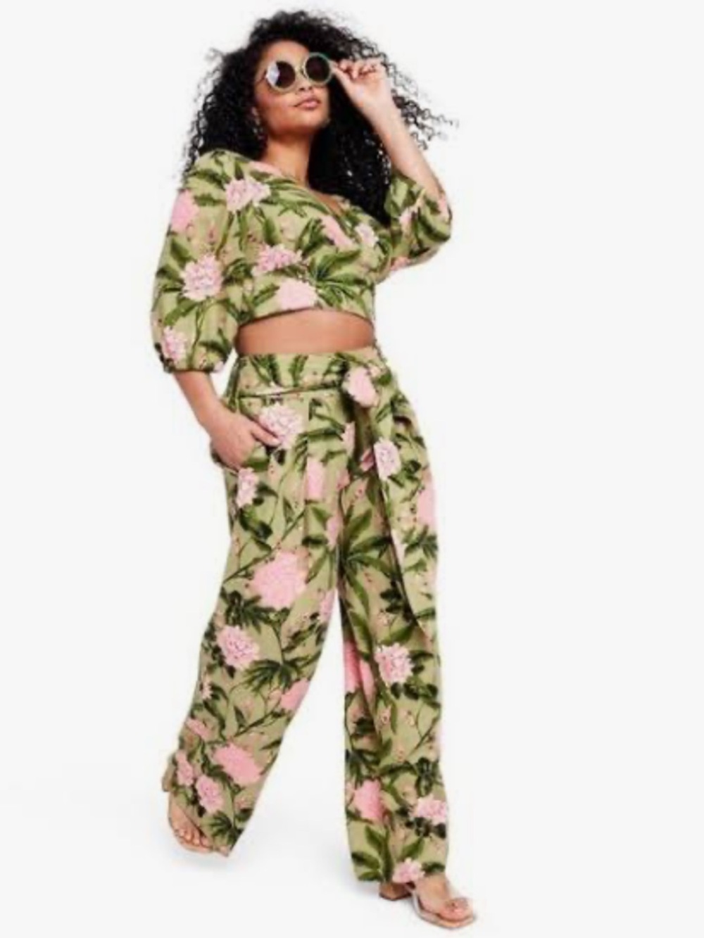 Agua Bendita Green Wide-Leg Pants set with Pink Floral Print